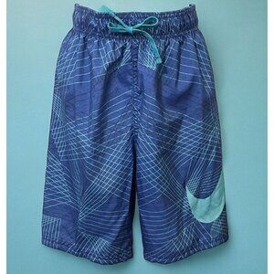 Nike Boys Swoosh Geometric Swim Shorts Size S Blue Logo Drawstring Elastic Waist